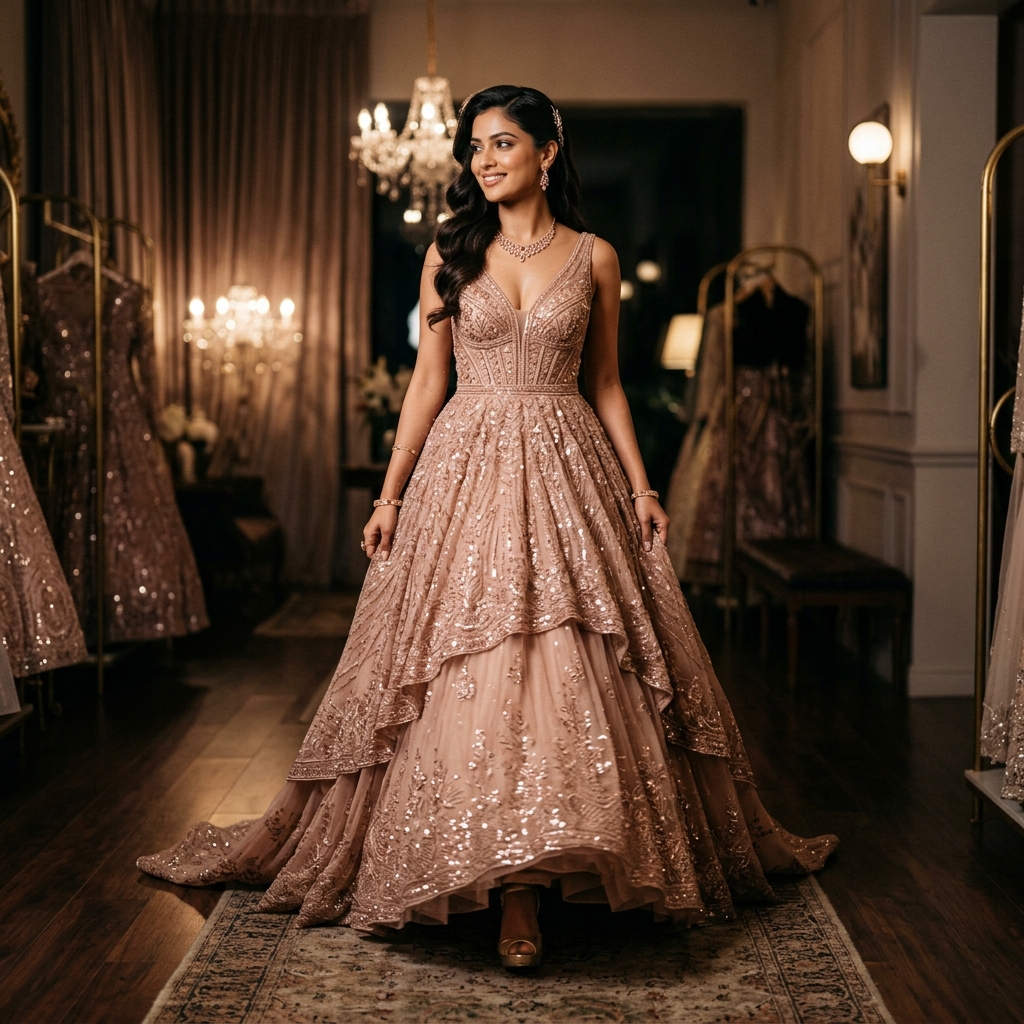 Indian designer model in custom dress